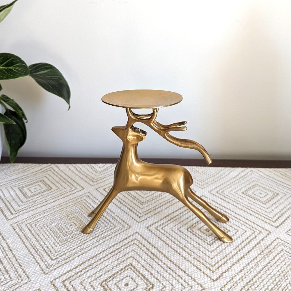 Vintage Solid Brass Reindeer Pillar‎ Candle Holder 7" Hx7.5"L 3.75" dia.